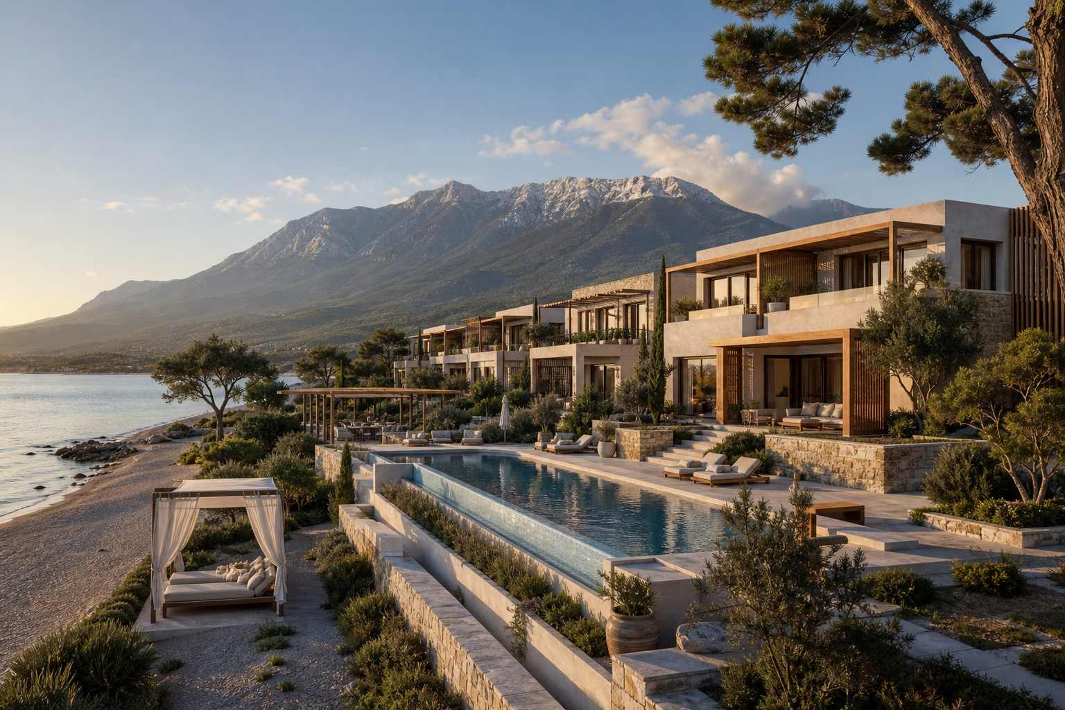 Aegean Olympus resort concept with beachfront apartments near Mount Olympus