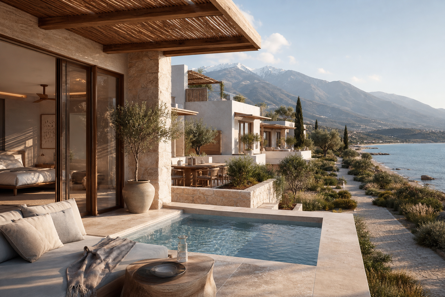 Luxury resort apartment terraces with private pools and sea view