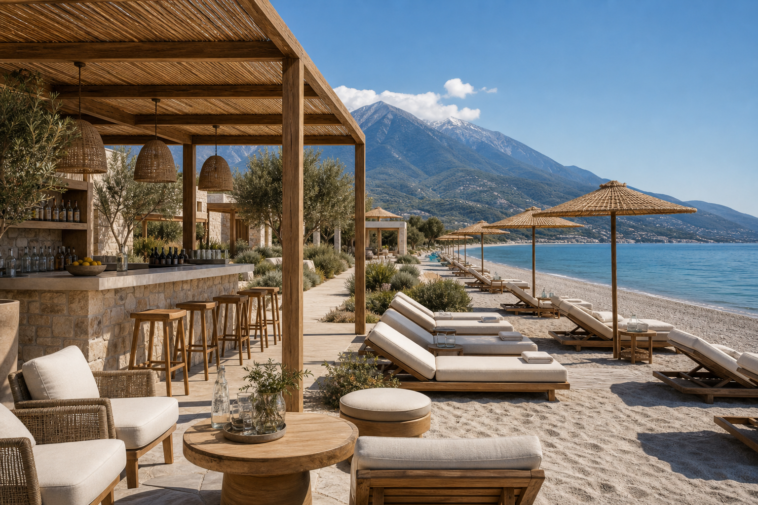 Empty daytime luxury beach bar with sunbeds by the Aegean Sea