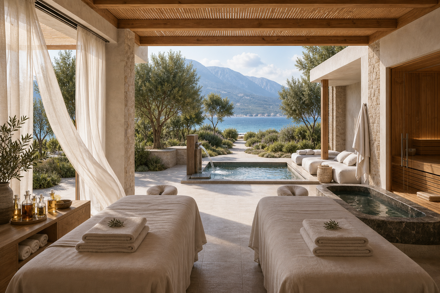 Empty spa pavilion with massage beds and hydrotherapy pool