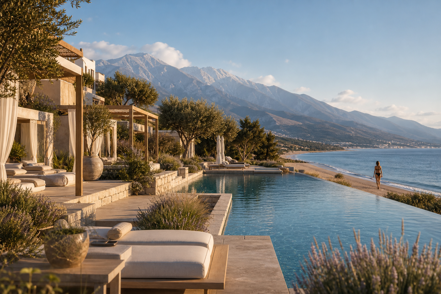 Infinity pool and beachfront resort terraces near the Aegean Sea