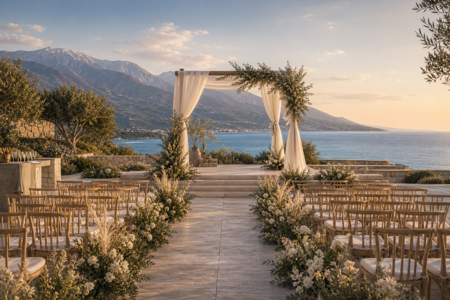Private event terrace overlooking the Aegean Sea and Mount Olympus