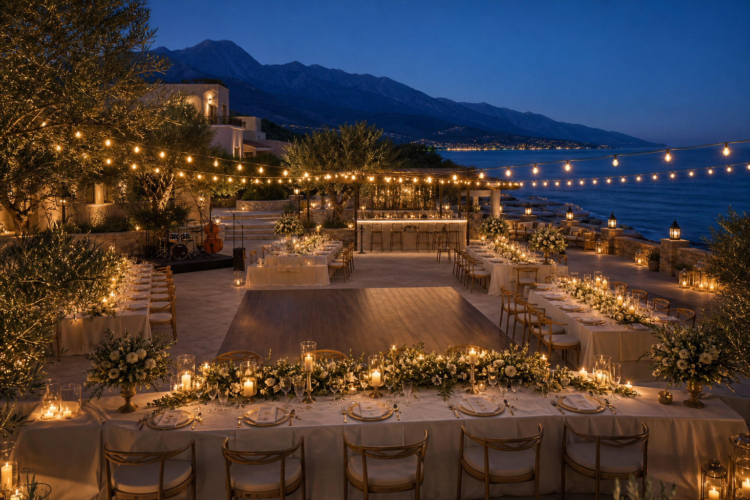 Private evening reception terrace at night by the sea