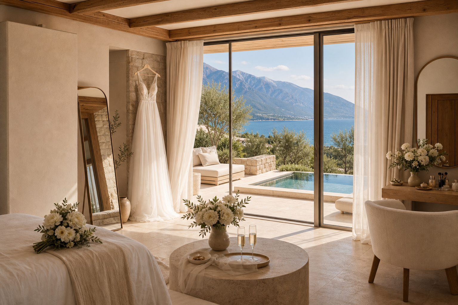 Private preparation suite with terrace and sea view