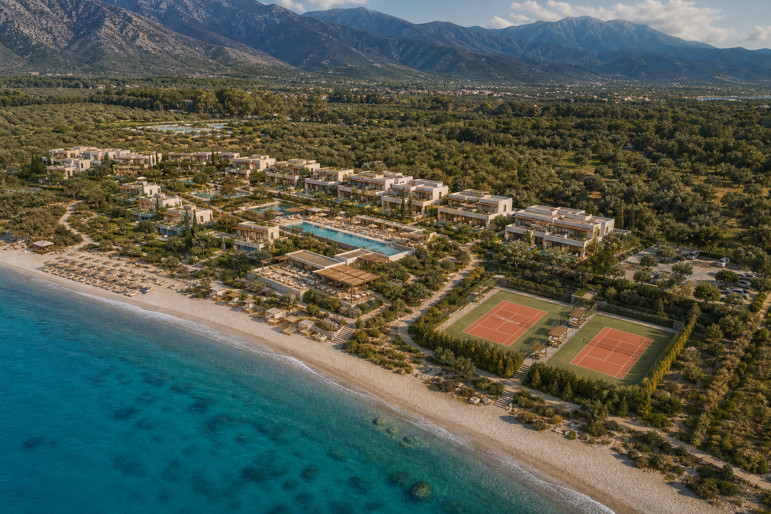 Aegean Olympus resort aerial concept with beachfront campus and two tennis courts