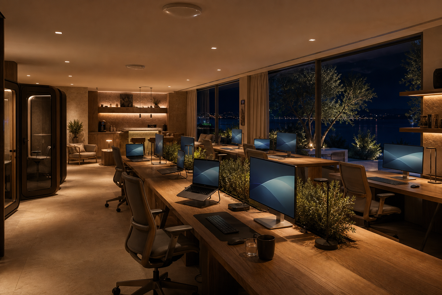 Night coworking productivity hub with visible monitors and sea-facing windows