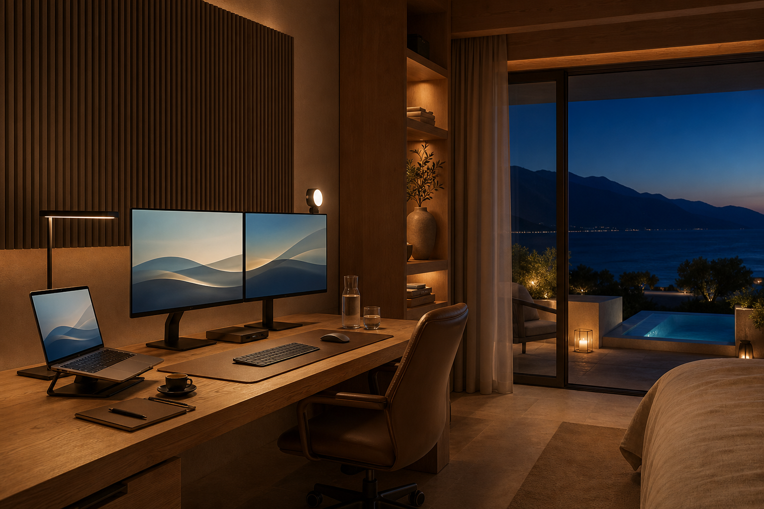 Evening apartment workstation with dual displays