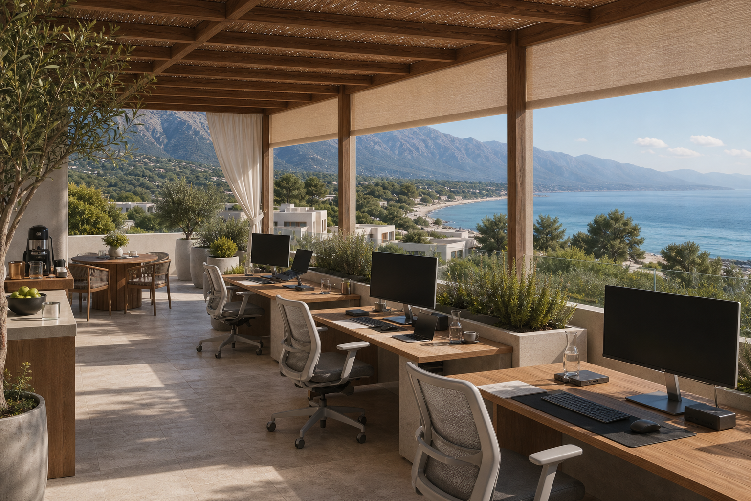 Shaded daytime outdoor work terrace with usable monitors